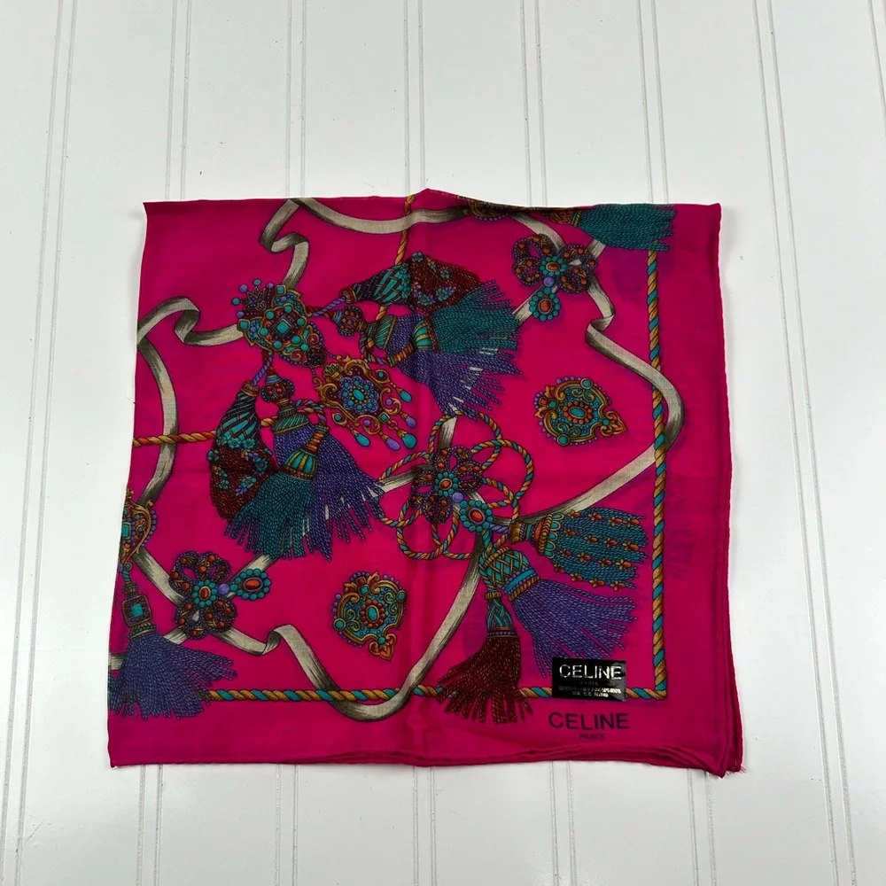Celine Paris Pink Blue Gold Multi Color Scarf Handkerchief - Picture 2 of 7